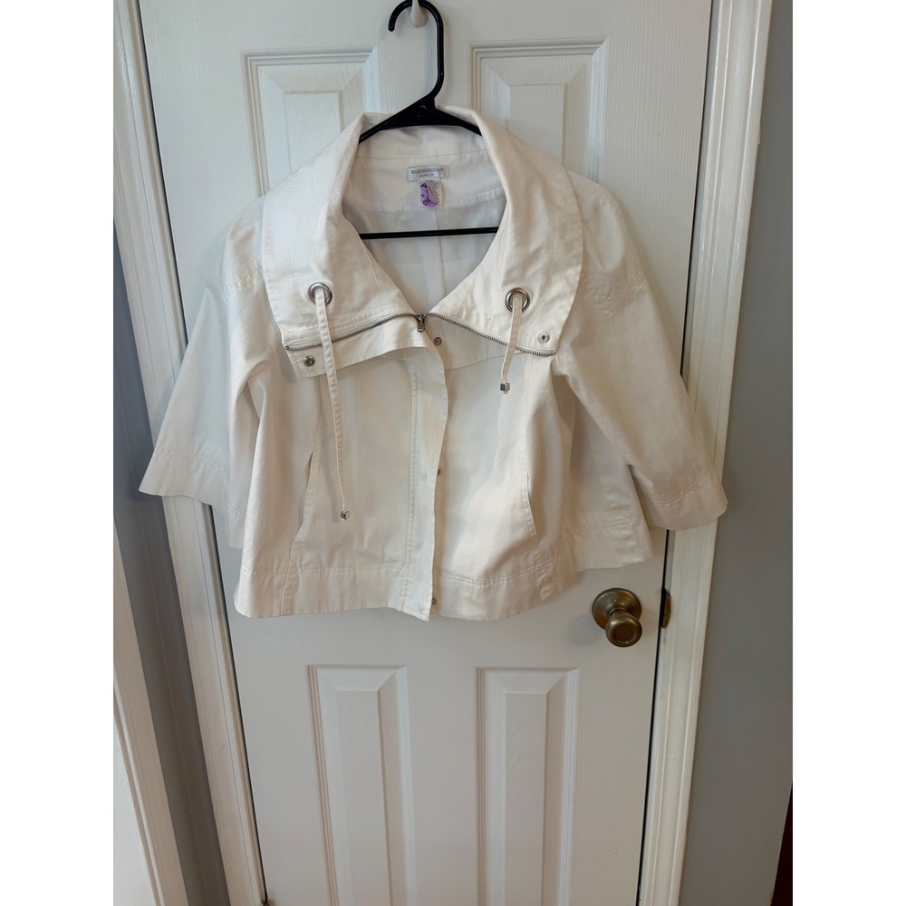Worthington Cropped Jacket Women Large White 3/4 Sleeve Stretch Portrait Collar